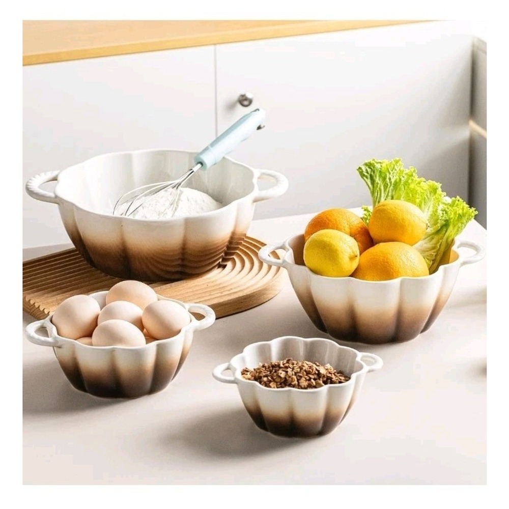 MISSYSSIM Ceramic Mixing Bowls with Handles Nesting Set of 4 White Brown